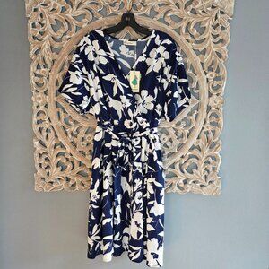 Nemidor Blue White Floral Faux Wrap Midi Dress w/ pockets. NWT's Size 22